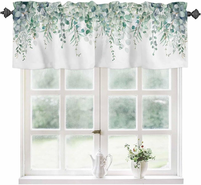 TweetyBed Curtain Valance for Windows Green Eucalyptus Rod Pocket Valance Window Treatments 1 Panel Watercolor Leaves Short Curtains for Kitchen Windows Bathroom Bedroom 42x18in - Image 1